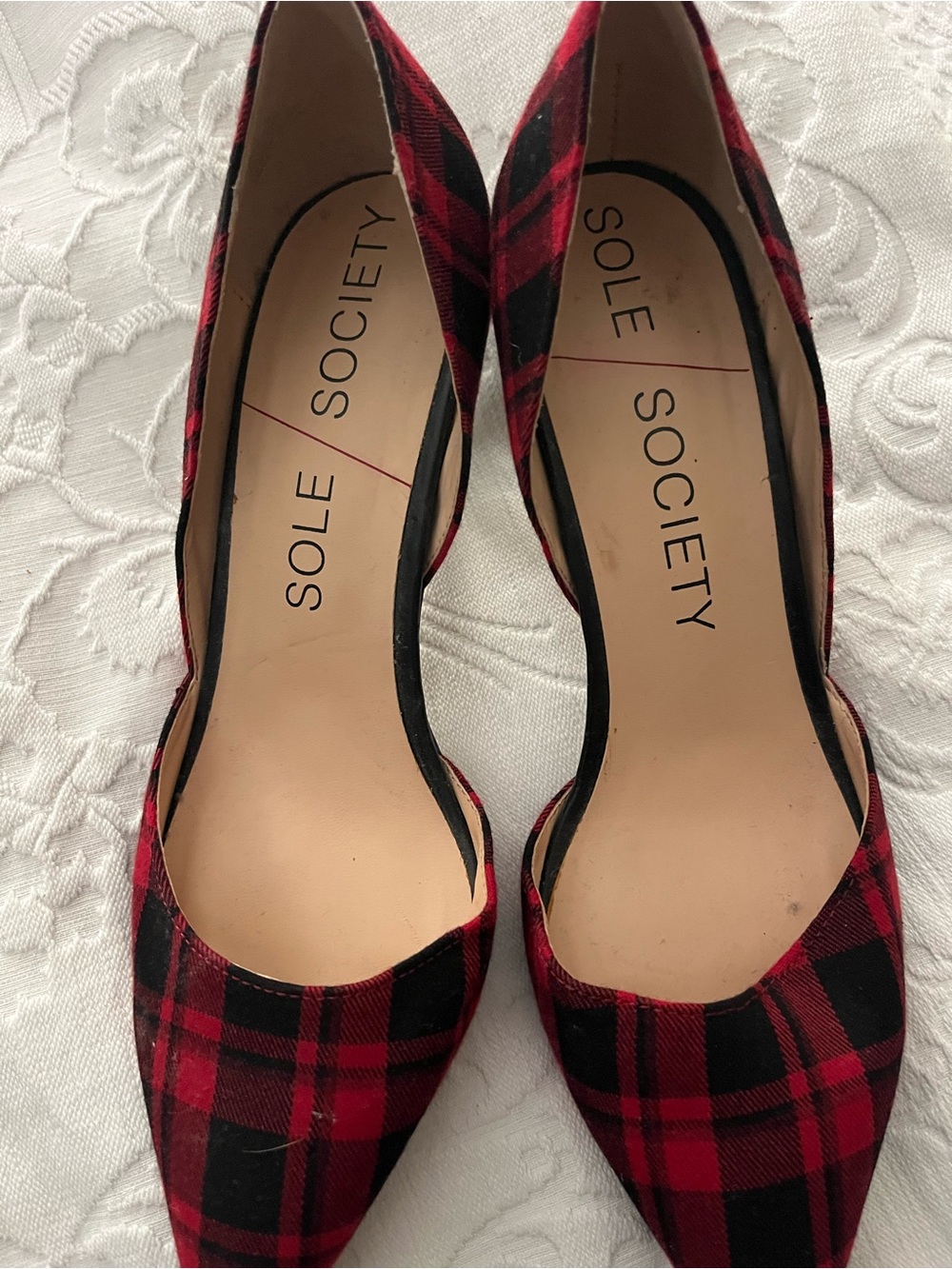 Sole Society Red and Black Plaid Pointed Toe Heels